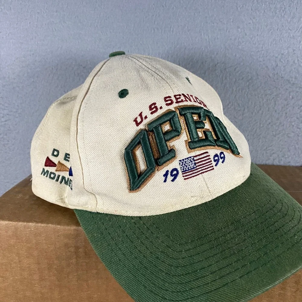 Vintage 1999 US Senior Open Des Moines Golf Hat Cream Green Strap Back